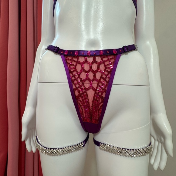 Pink & Purple Sequin Rhinestone Burlesque 5 Piece Lingerie Set XS/XS Hand Sewn - Picture 15 of 17